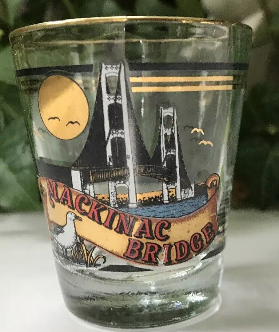 Vtg Mackinac Bridge Island Michigan 1 oz Shot Glass Gold Rim NOS