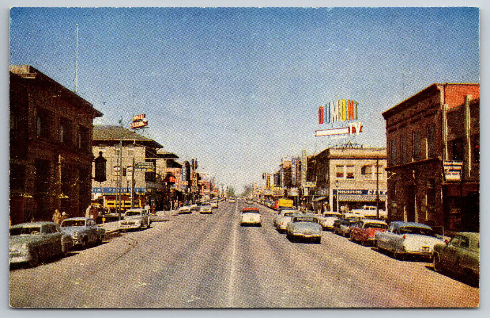 Vintage Postcard ID Twin Falls Main Street 50s Cars Drug Store Dumont TV ~13531