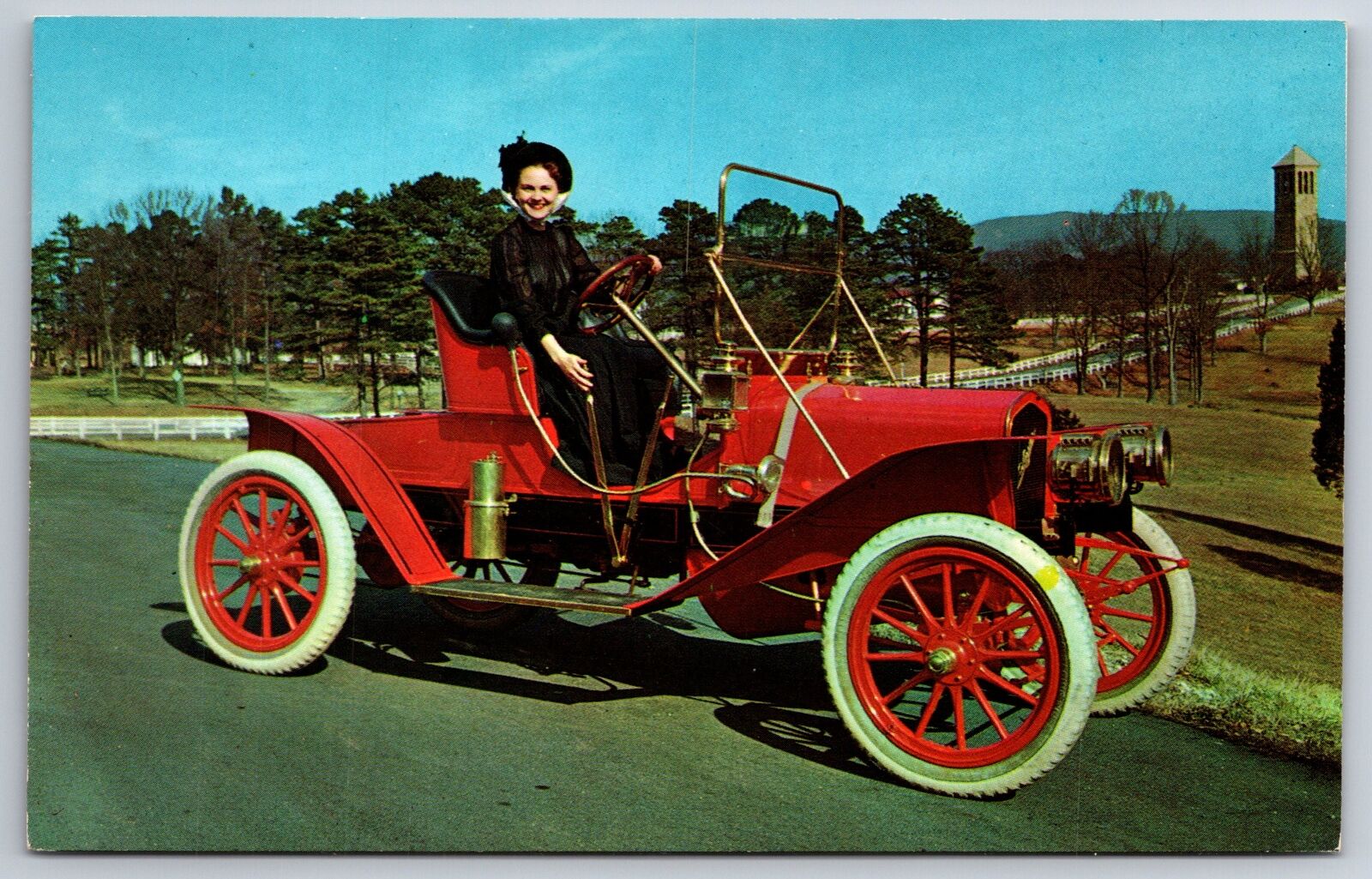Transportation~Lady Driving Red 1909 Middleby On Road Scene~Vintage Postcard