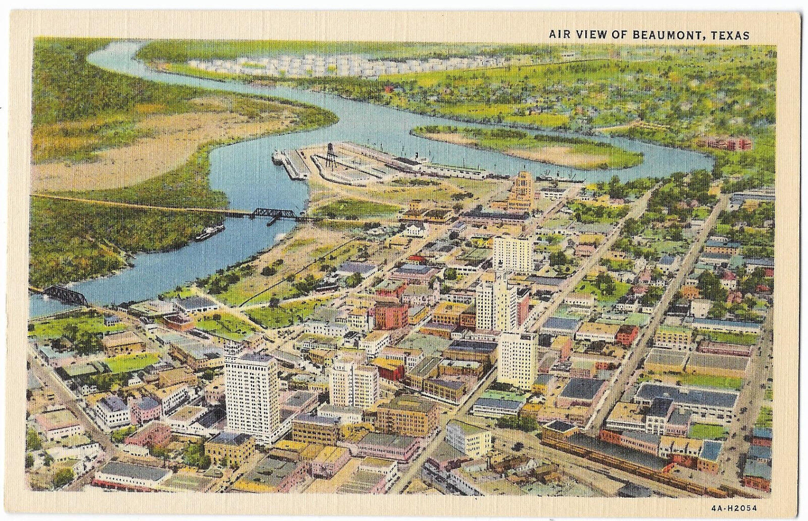 Beaumont Texas Air View, Unused 1940s Linen Postcard