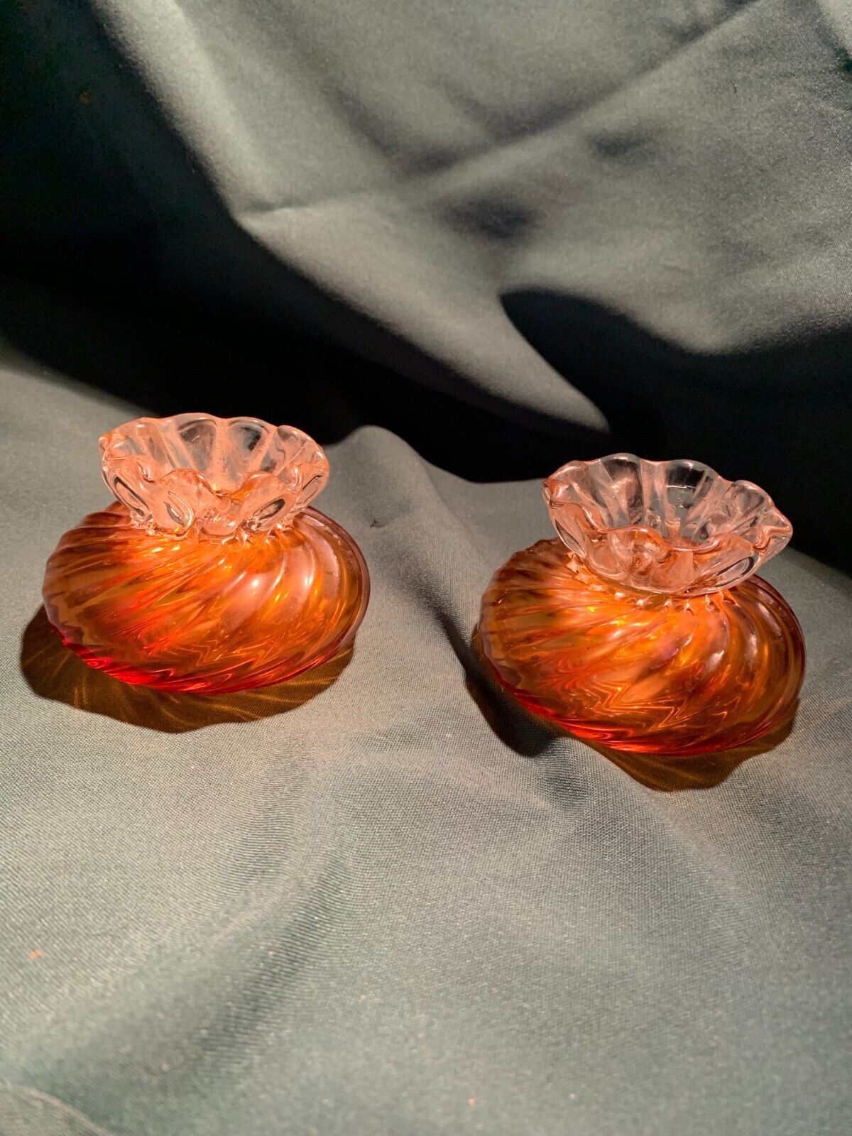 Vintage pair of vases or candle holders in spun amber glass