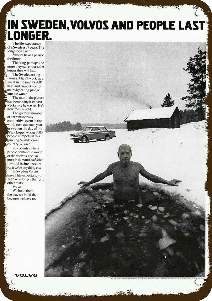 1972 VOLVO Car Swedish Man Ice Water Vintage-Look DECORATIVE REPLICA METAL SIGN