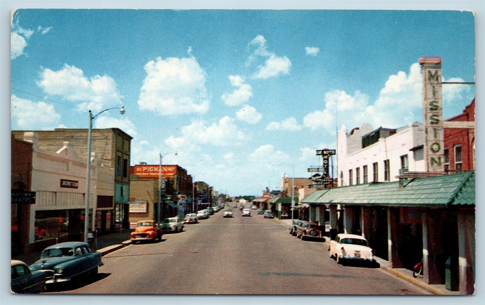 Postcard TX Dalhart c1950s Main Street View Old Cars Stores N11