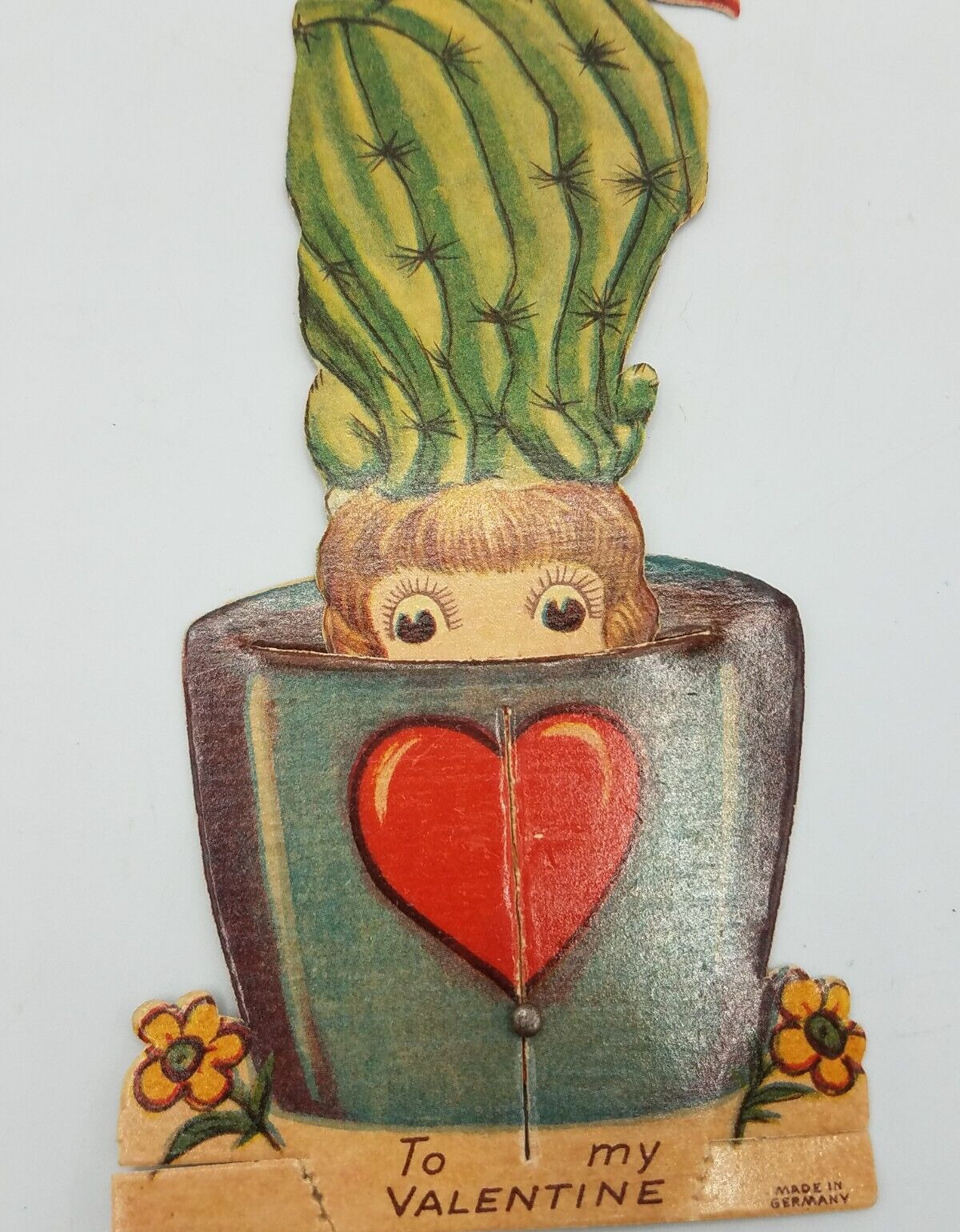 Vintage Mechanical Valentine Card Moving Cactus Head Girl in Heart Vase, Germany