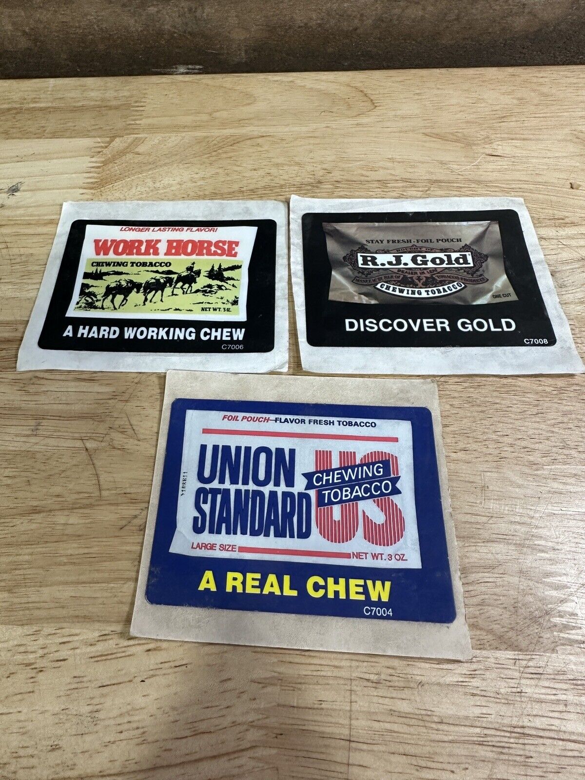 Vintage Lot Of 3 Chewing Tobacco Advertising Stickers (Work Horse, RJ Gold, US)