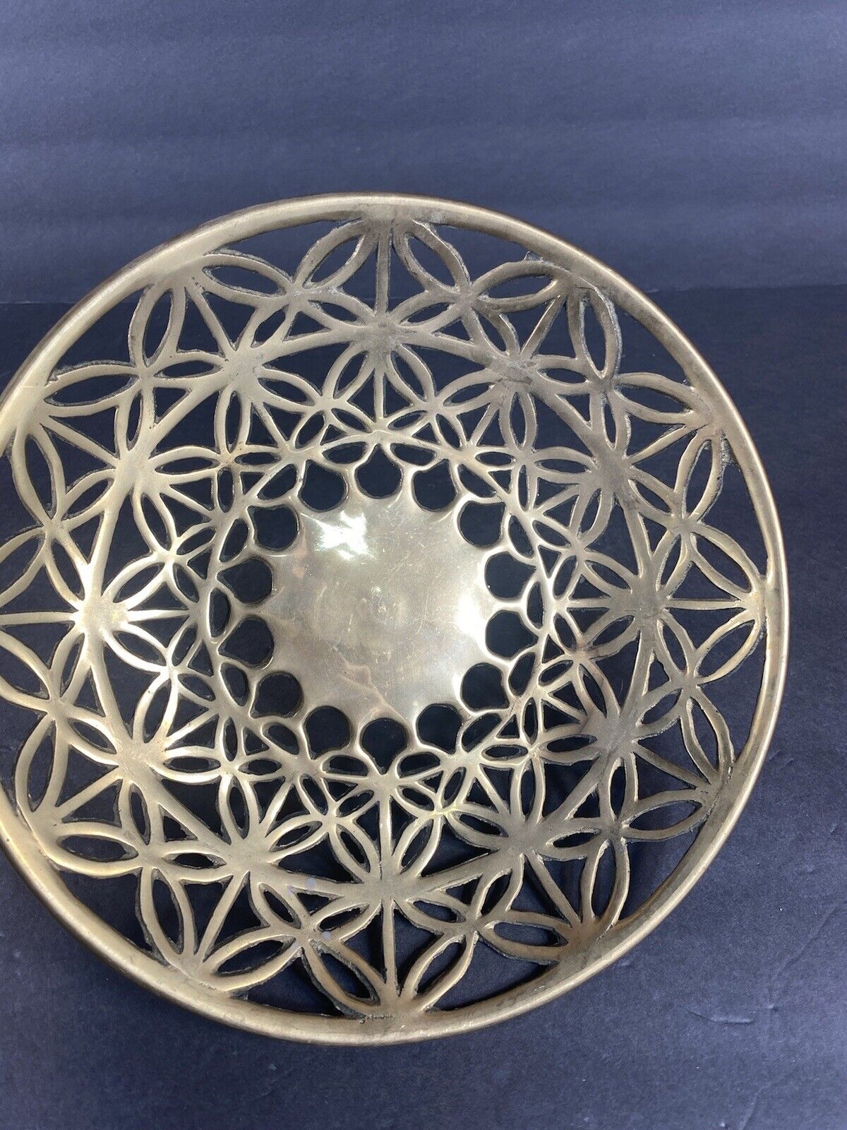 Vtg Solid Brass Geometric Pattern Decorative Bowl Home Decor