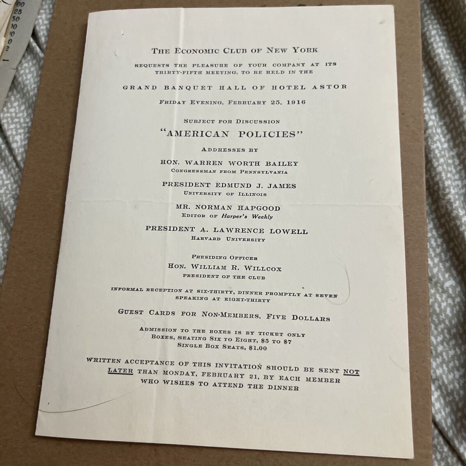 1916 Economic Club of New York Banquet Invite Doc Congressman Harvard President