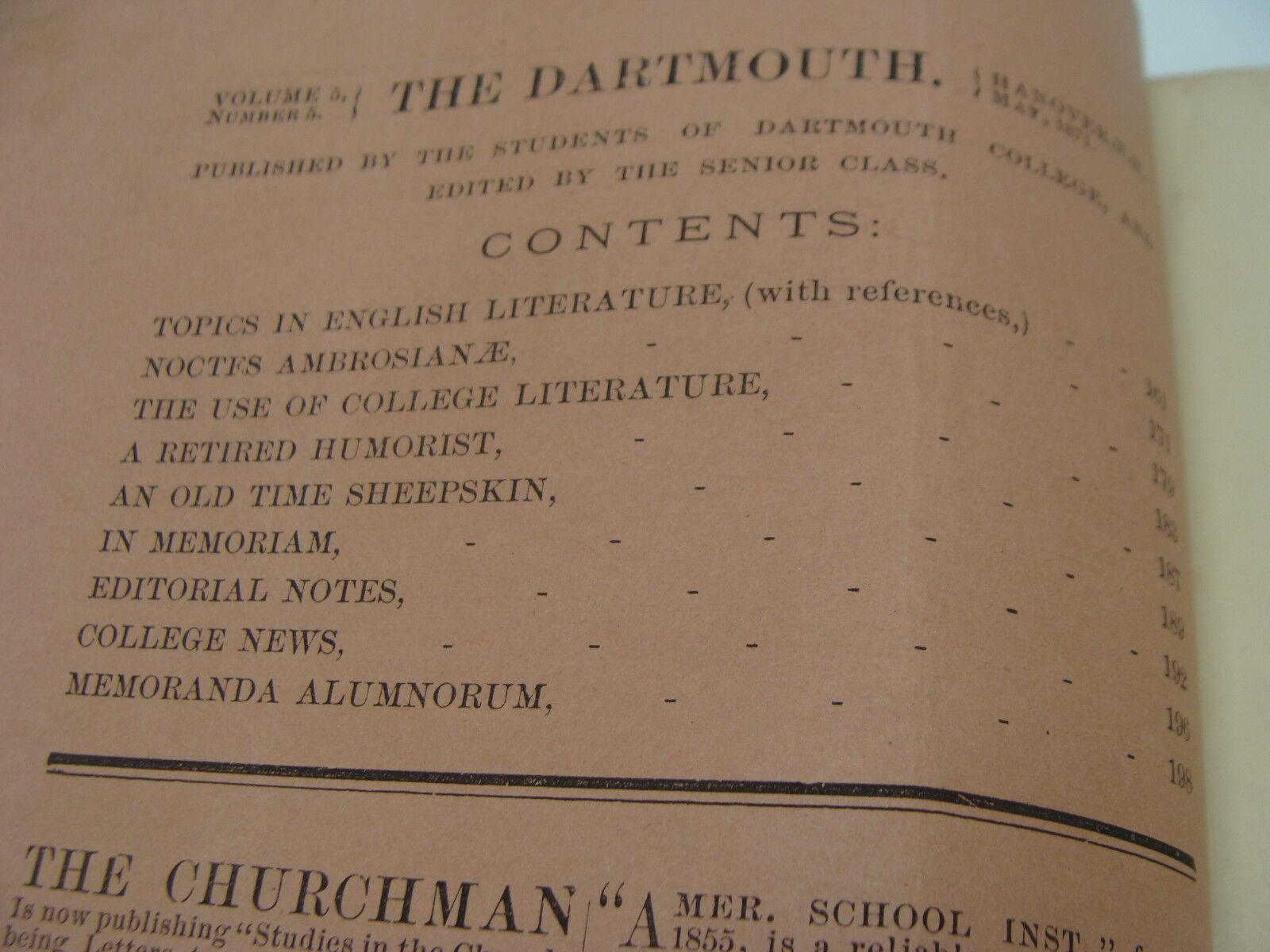 original DARTMOUTH COLLEGE -- May 1871 -- THE DARTMOUTH - 40pgs 