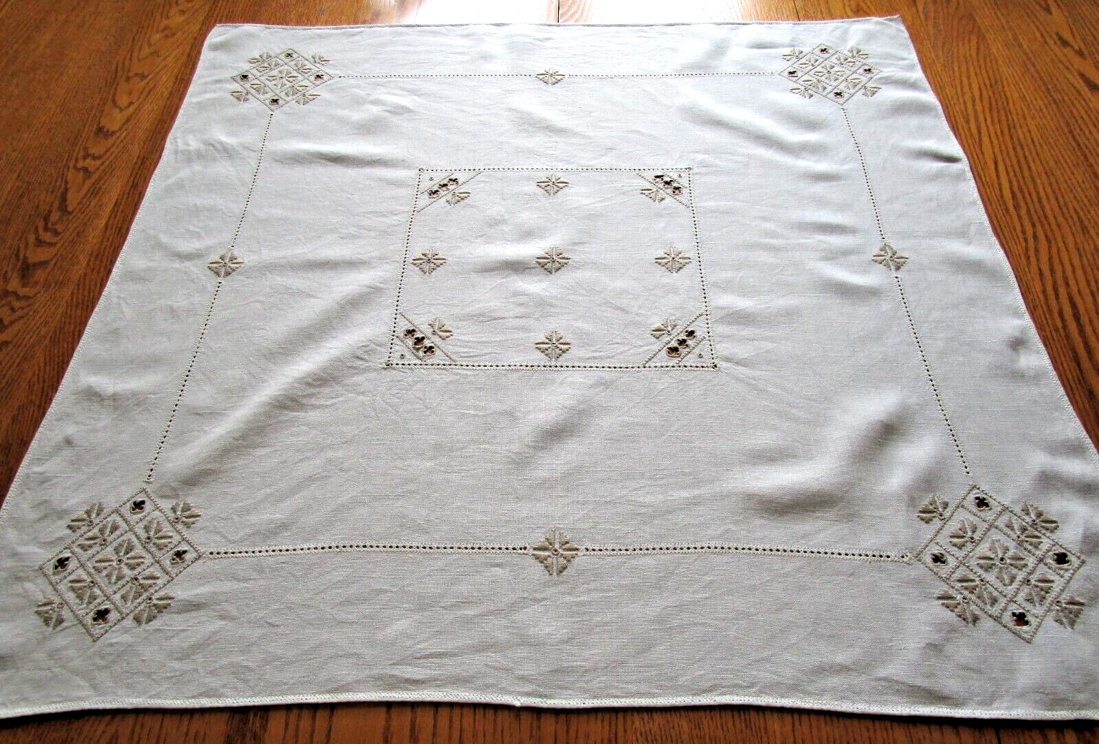 Vintage Beige Taupe Embroidered Linen Tablecloth Square 34\