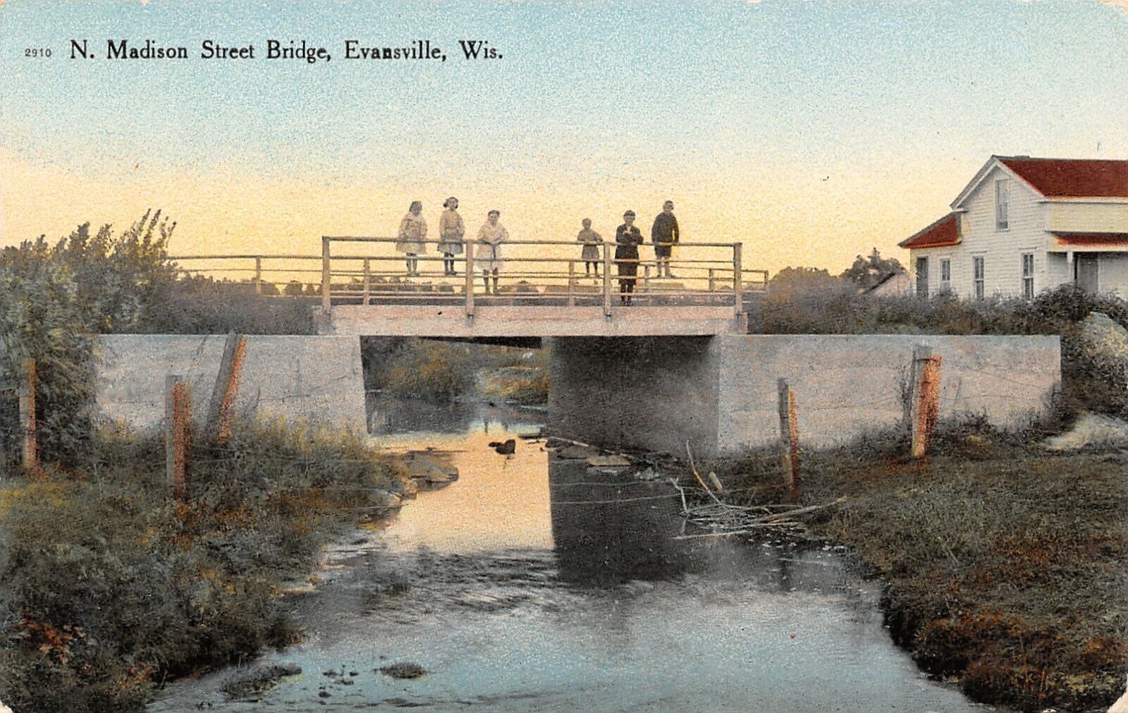Evansville Wisconsin~Kids Hang on Rails~North Madison Street Bridge~House~1908