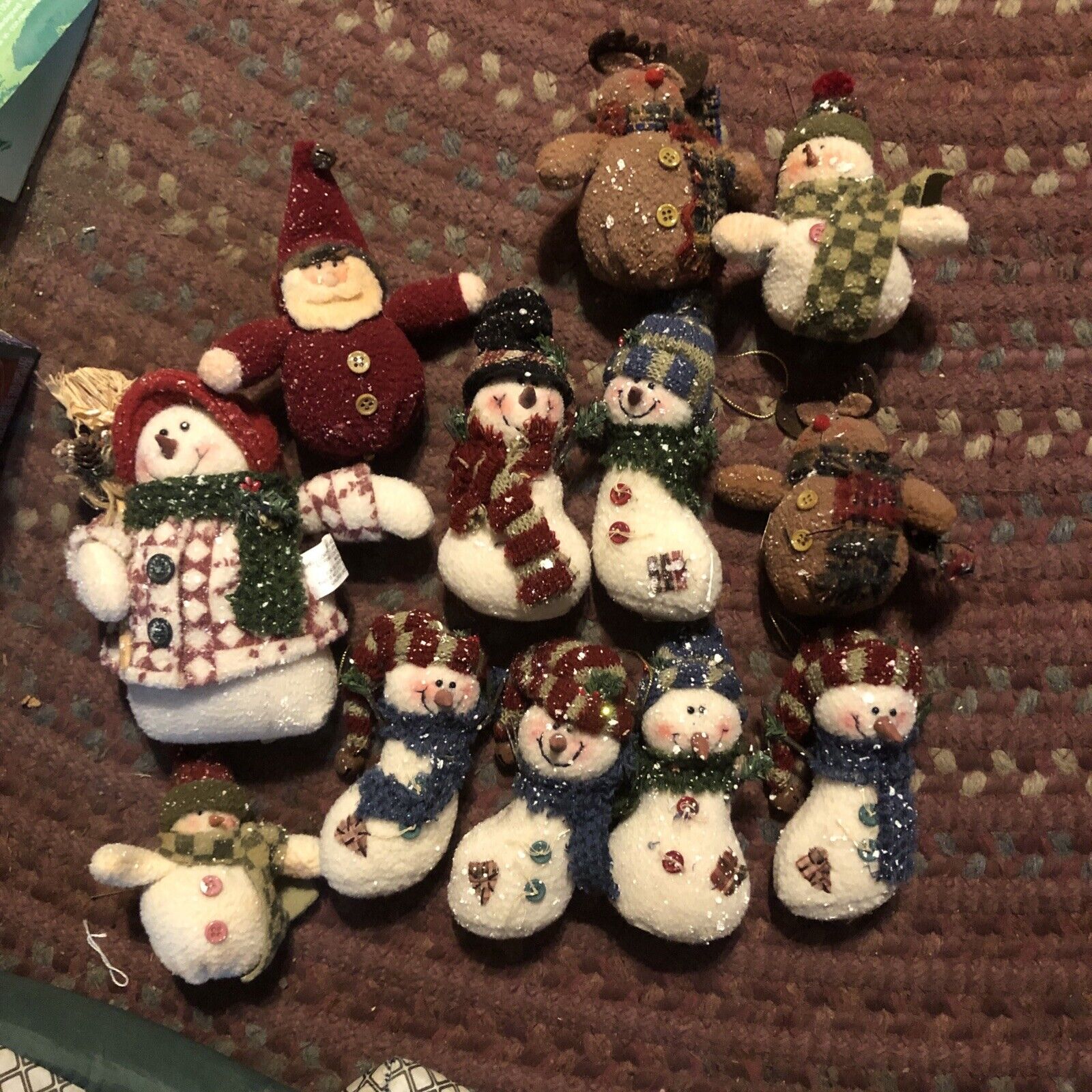 Vintage lot of 12 Stuffed Snowmen Reindeer Santa Christmas Ornaments