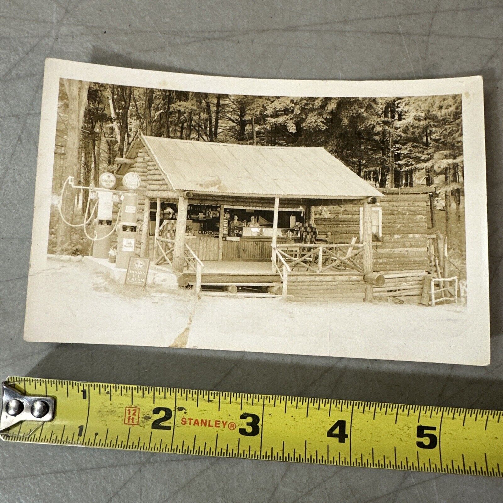 1934 Photo Postcard Province Lake NH Socony Gas Station General Store Log Cabin
