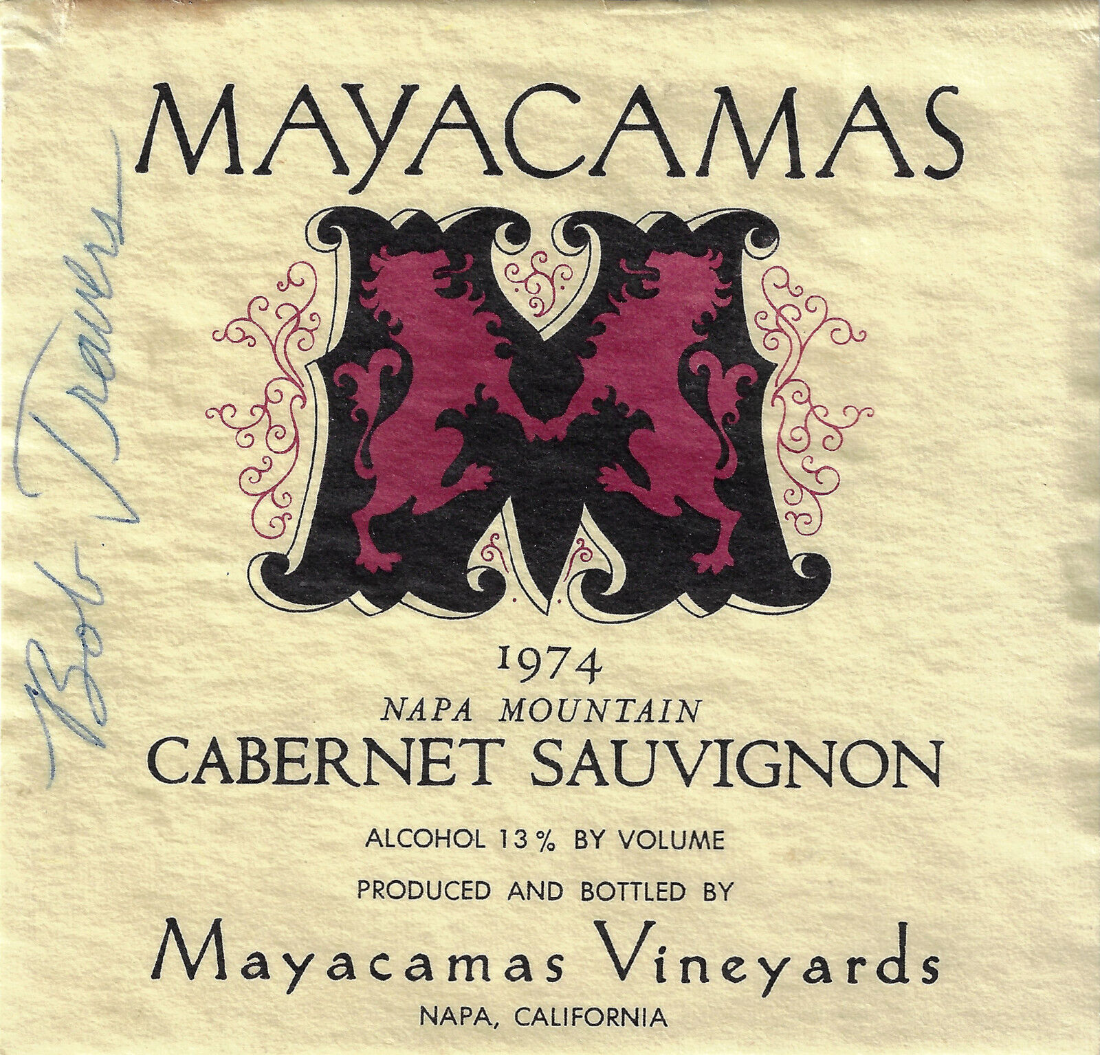 Bob Travers signed 1974 MAYACAMAS Napa Cabernet Sauvignon wine label/etiquette