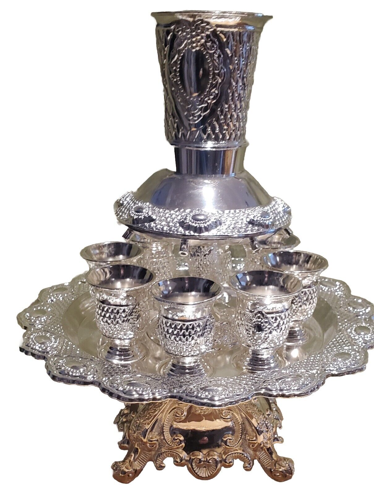 Silver Plate Intricate Design 12 Piece Kiddush Wine Fountain Complete Set