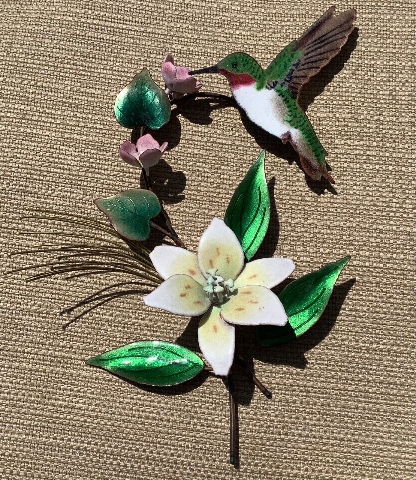 Vintage Bovano of Cheshire Hummingbird & Flowers Enamel, Wire Sculpture Wall Art