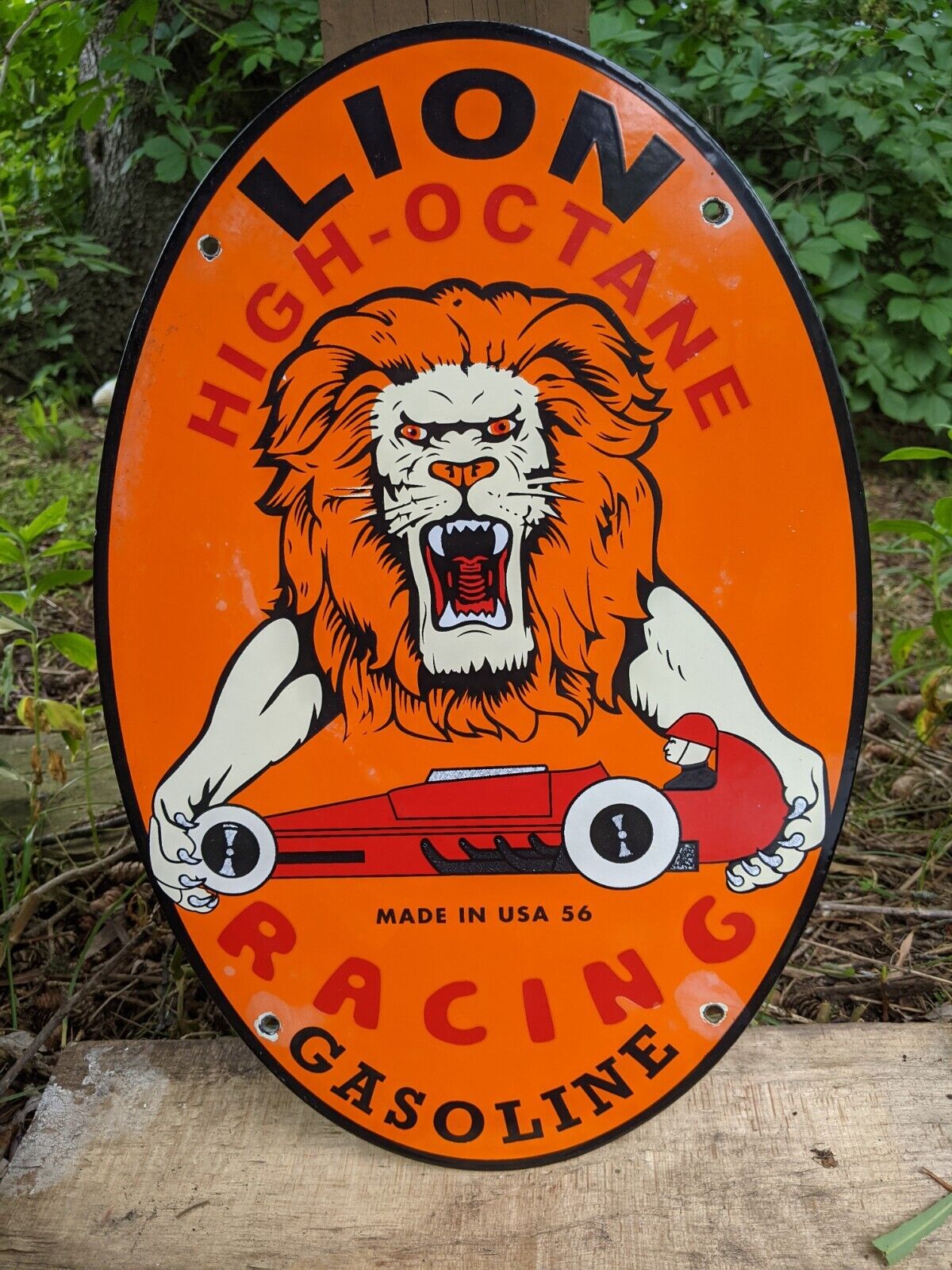 VINTAGE 1956 LION HIGH-OCTANE RACING GASOLINE PORCELAIN GAS SIGN 16.5