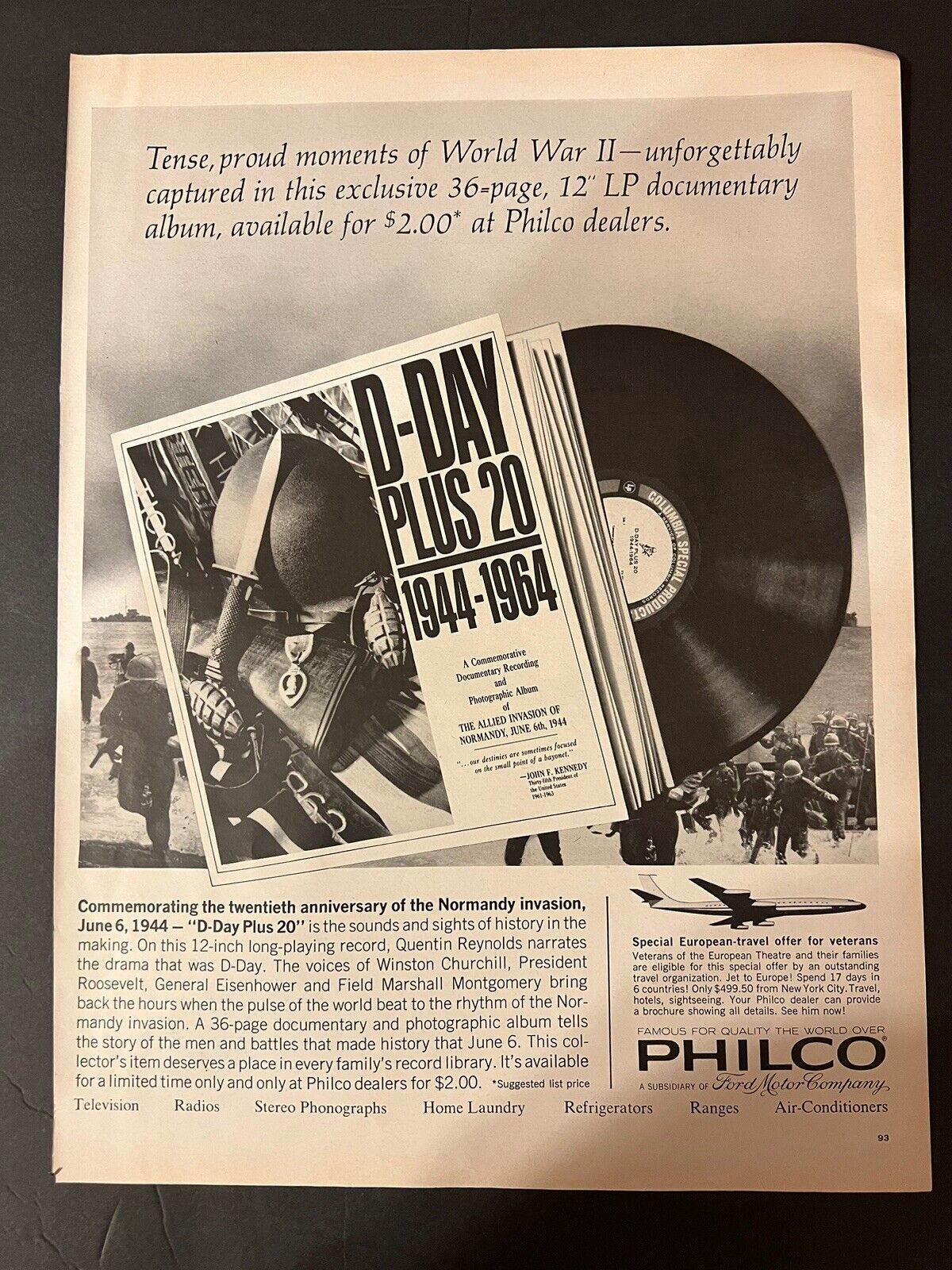 Vtg 1960s Ford Motor Co, Philco D-Day Normandy 20 Year Anniversary Vinyl Ad