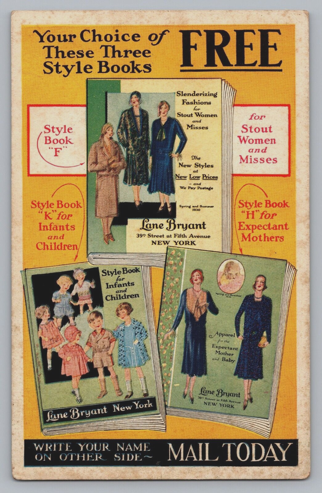 Advertising Postcard Lane Bryant Style Books F H K Order Form c. 1920s A922