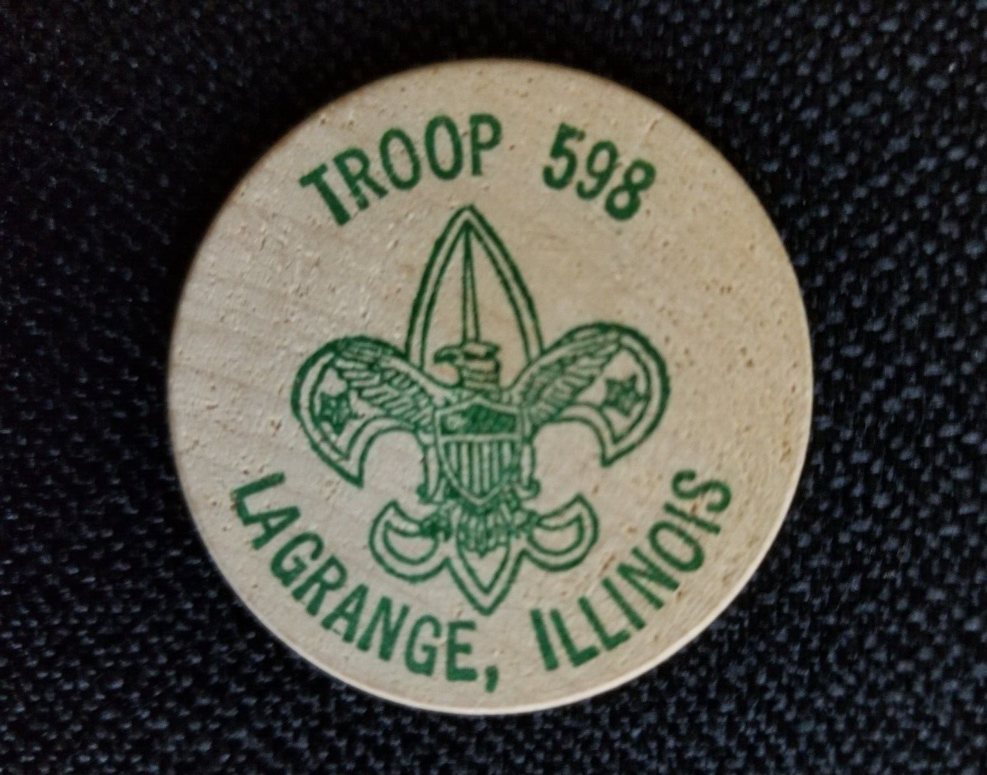 1985 Boy Scouts of America National Jamboree LaGrange IL Troop 598 Wooden Nickel