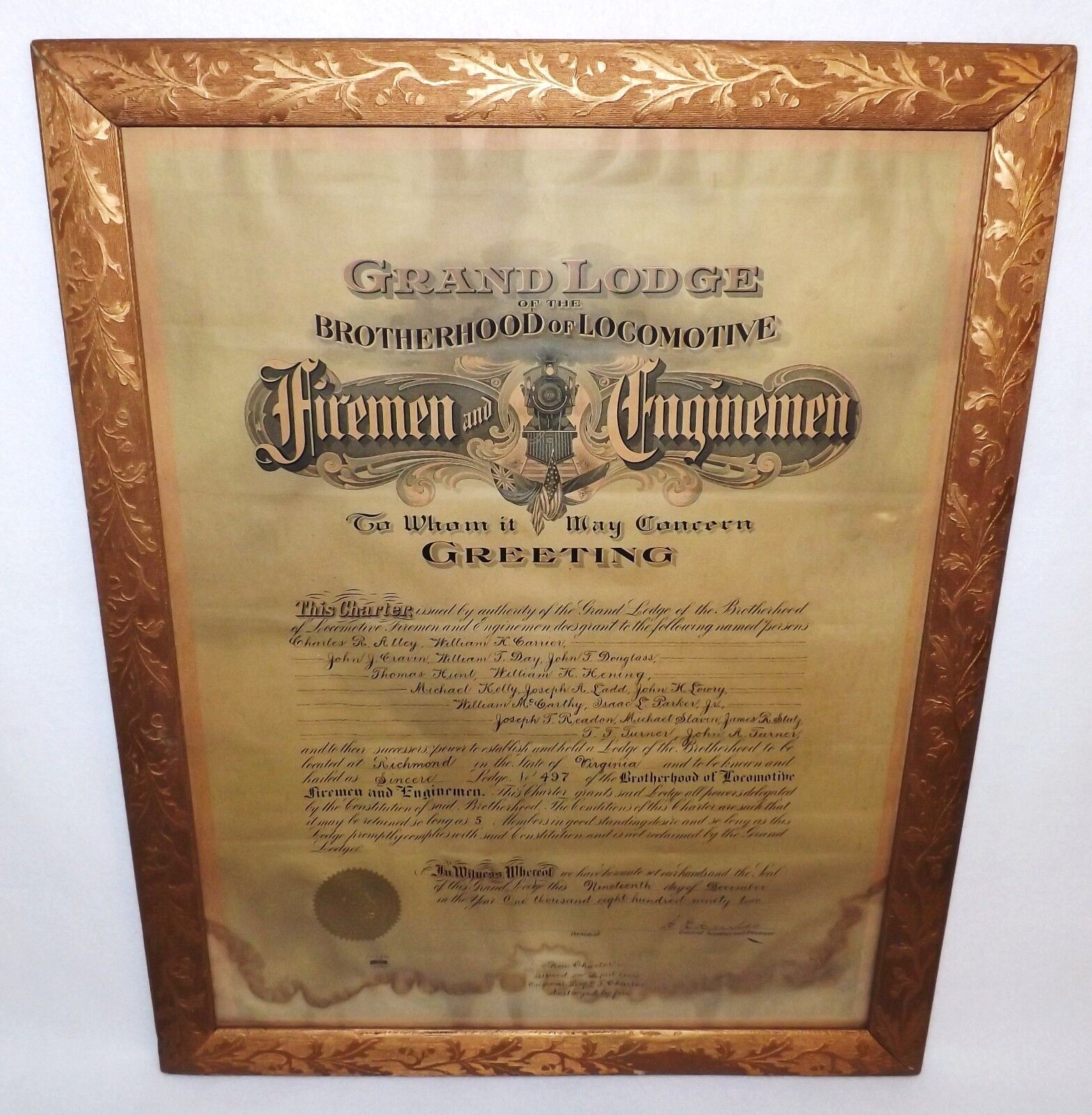 1915 GRAND LODGE BROTHERHOOD of LOCOMOTIVE FIREMEN & ENGINEMEN ORIG.CHARTER