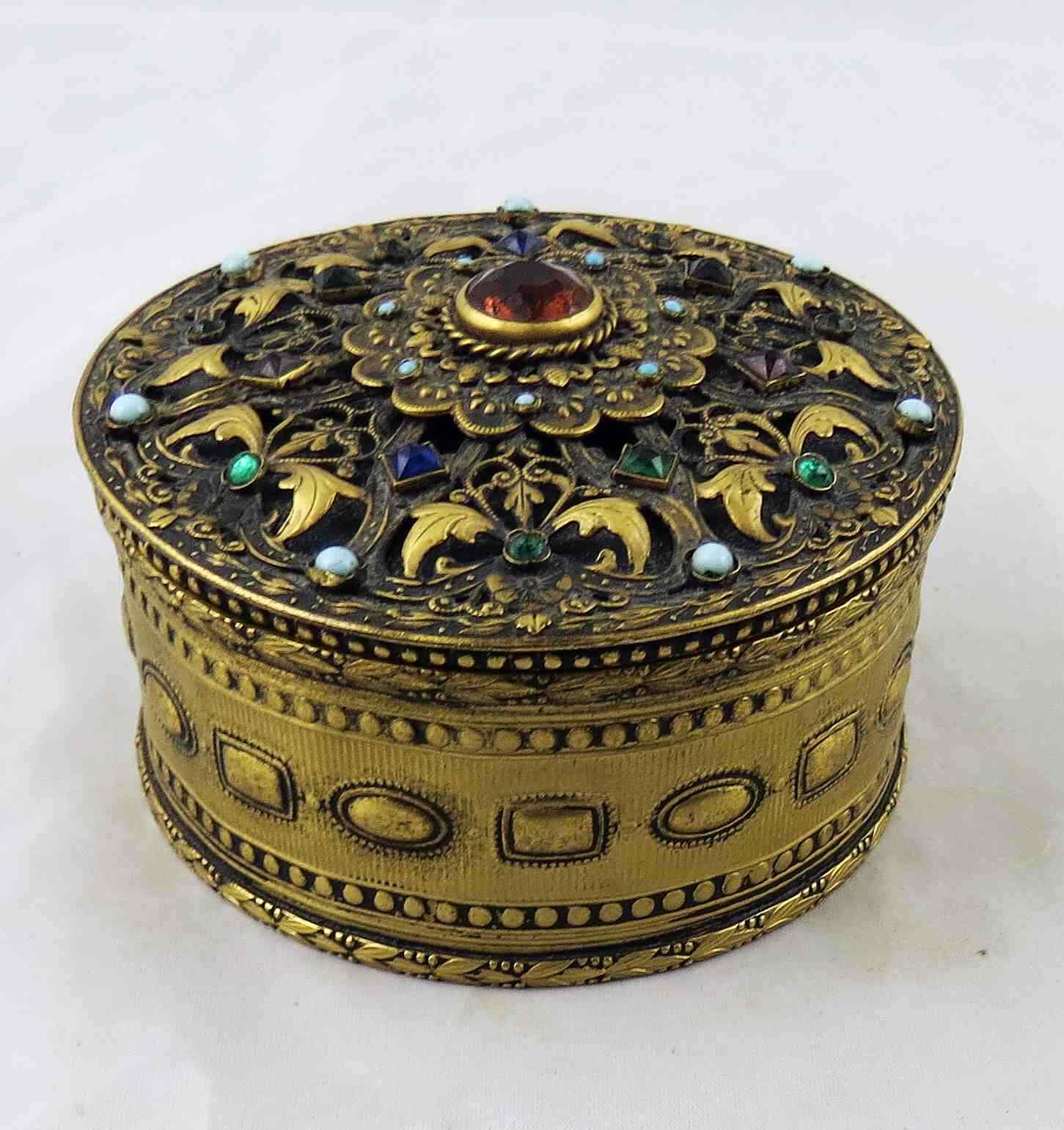 Antique Austrian Crystal Encrusted Brass Hinged Trinket Dresser Box 3-3/4
