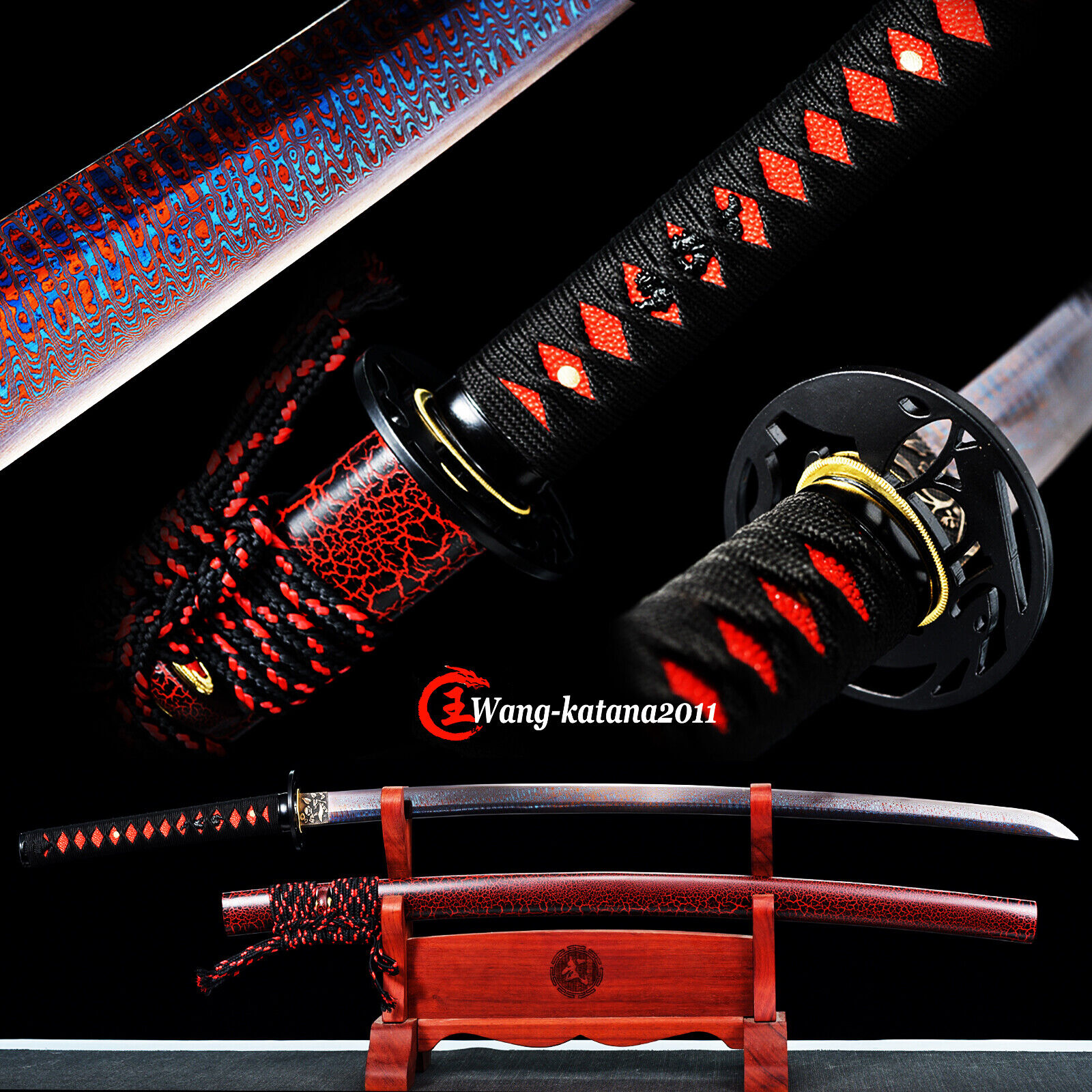 Unique Red&Blue Damascus Folded 1095 Steel Katana Japanese Samurai Sharp Sword