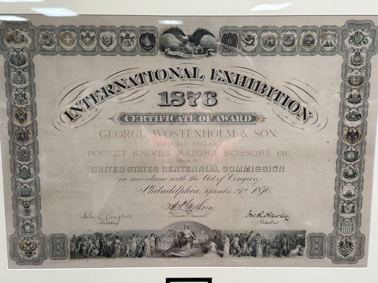 1876 International Exhibition Award G. Wostenholm & Son Cutlery Framed Original