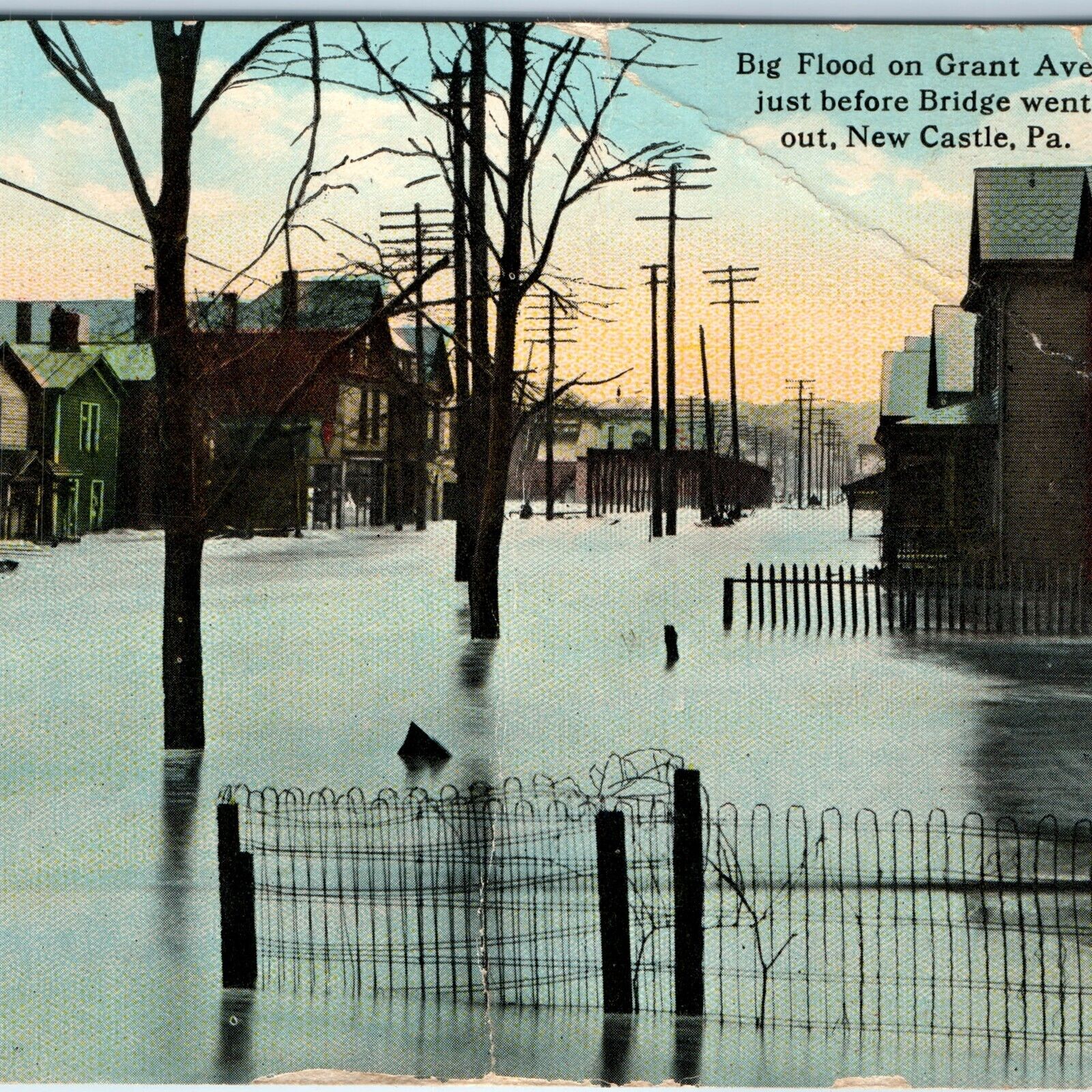 c1910s New Castle, PA Big Flood Grant Ave Winter Downtown Postcard Bridge A170