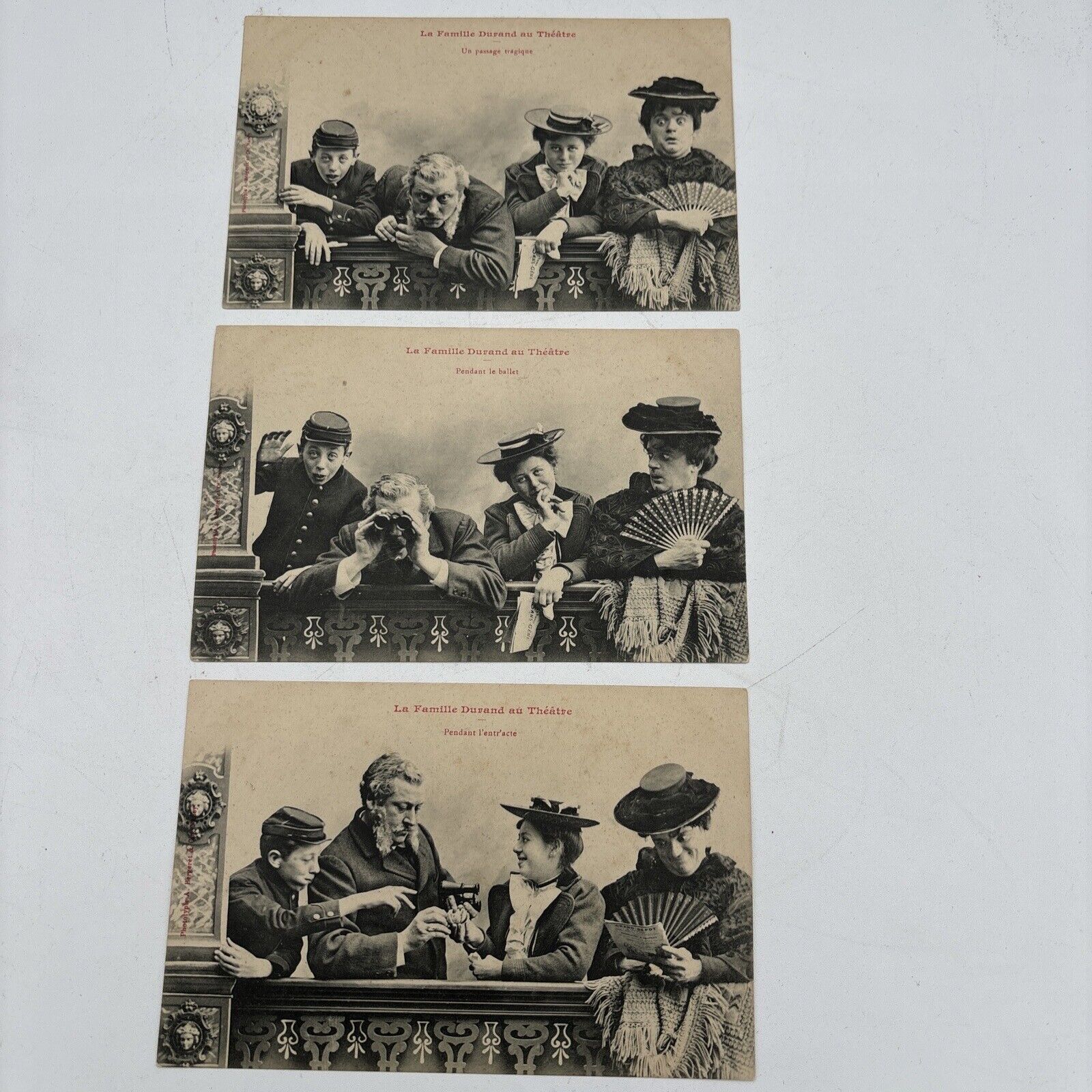 3 Antique French Theater Postcards La Famille Durand au Theatre BERGERET