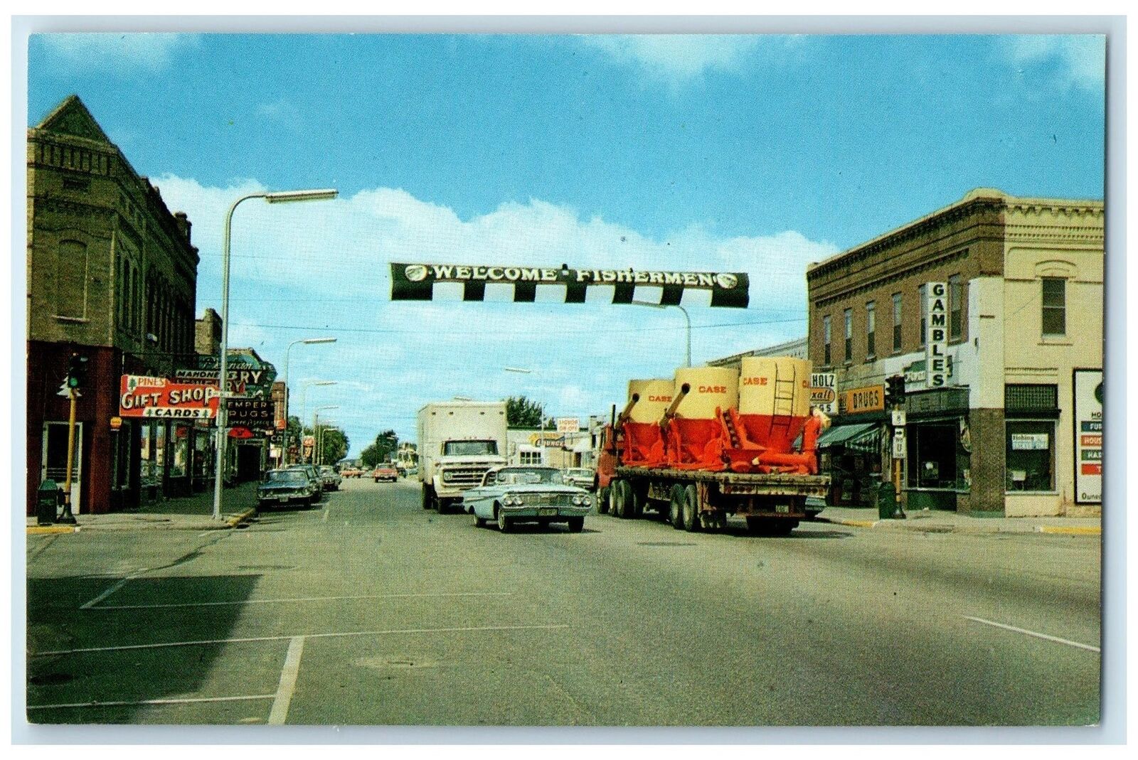 c1950 Street Scene Streamer Classic Cars Loaded Truck Perham Minnesota Postcard