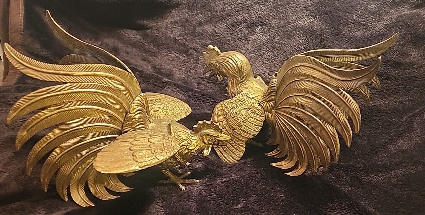 VTG~MAGNIFICENT PAIR~Mid Century~Solid Brass~ FIGHTING~COCK ROOSTERS