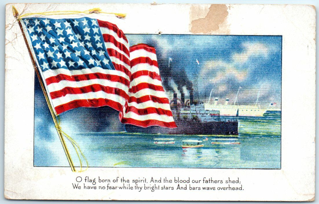 Postcard - American Flag and Ships Print