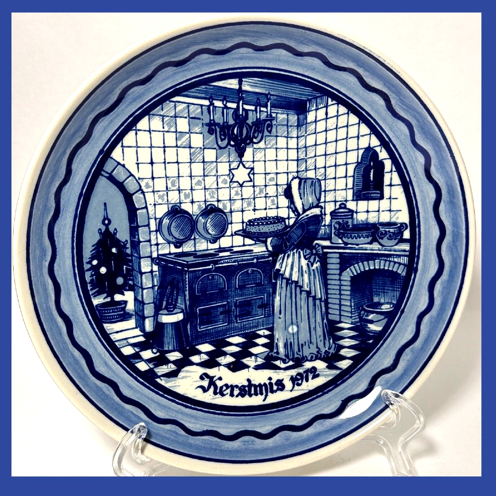 Kerstmis 1972 VK Delft Made in Holland Merry Xmas Navy Royal Cobalt Blue Plate