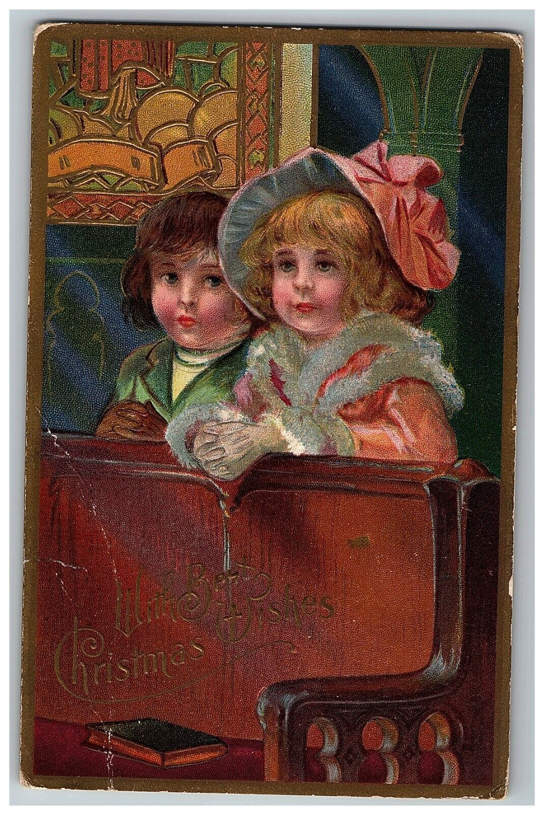 1907-15 Christmas Series Juvenile Postcard Embossed Vtg 2 Lovely Girls Wood Pews