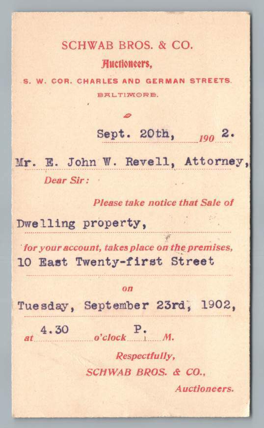 Schwab Bros Auctioneers BALTIMORE Antique Postal 10 E 21st St John Revell 1902