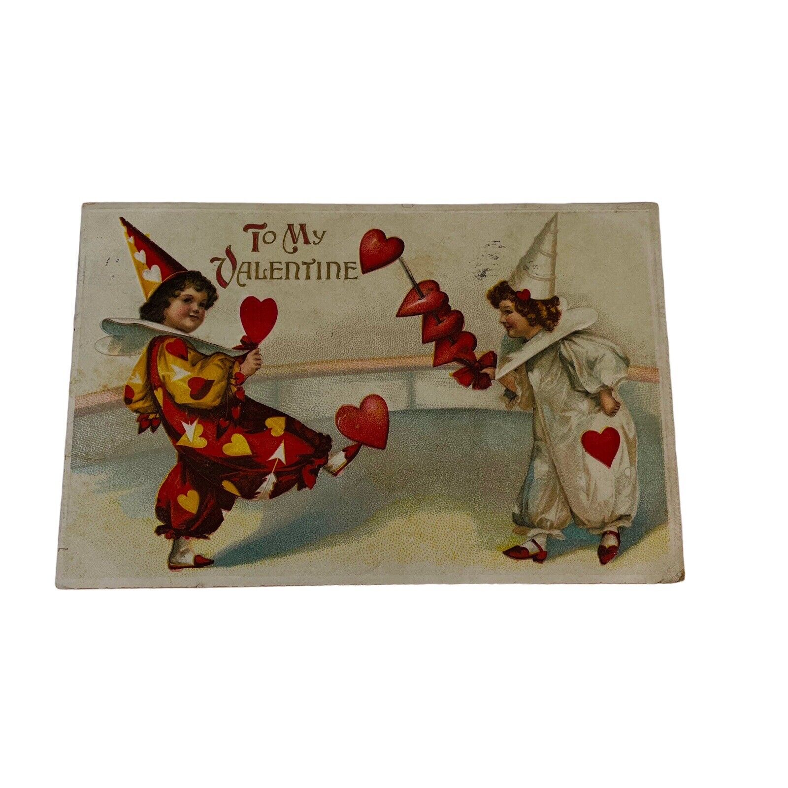 c1910's Valentine Greetings Clown Girls Juggling Hearts Germany Postcard