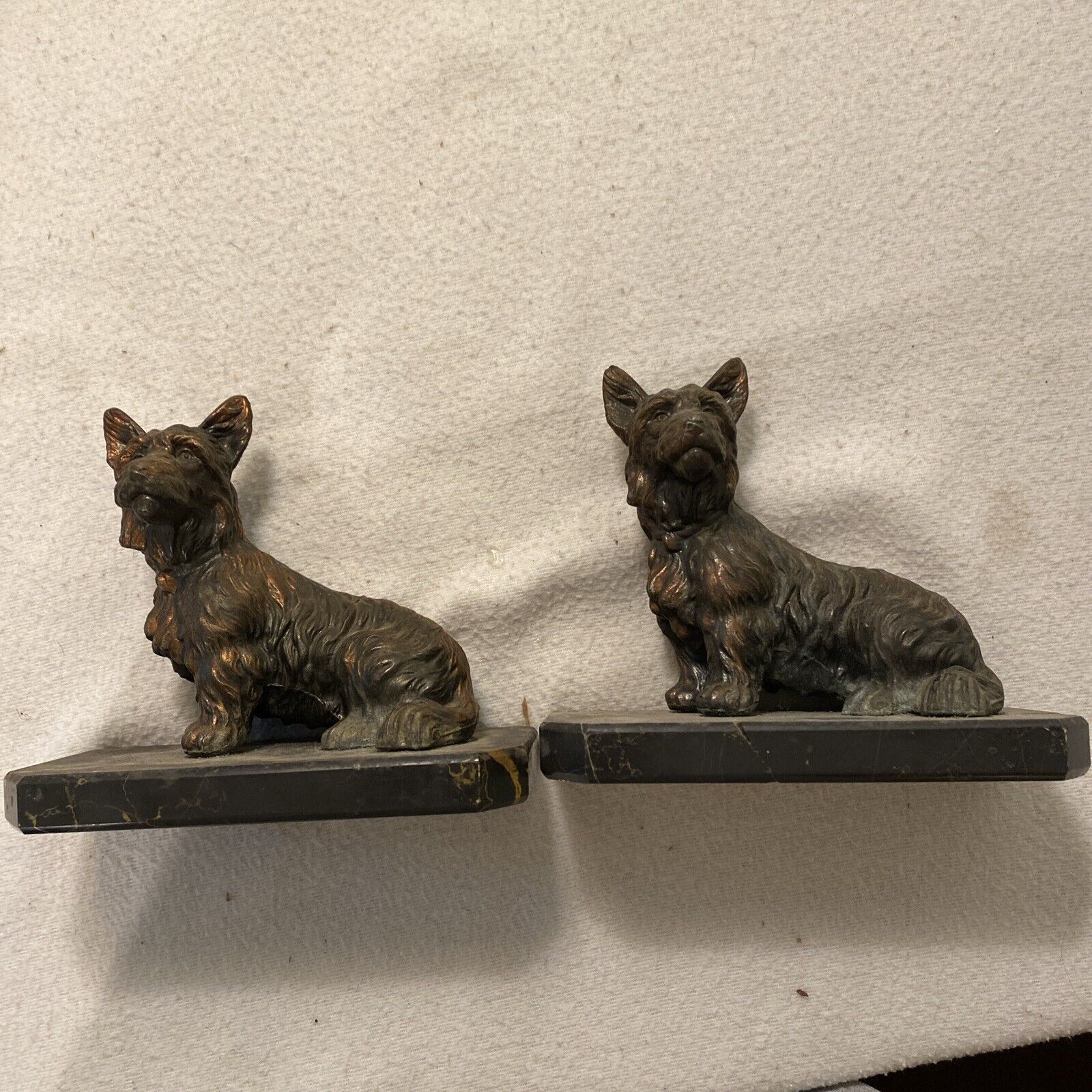 Vintage Pair Of Bookends Brass Bronze Scottish Terrier Bull Dog On Marble Base