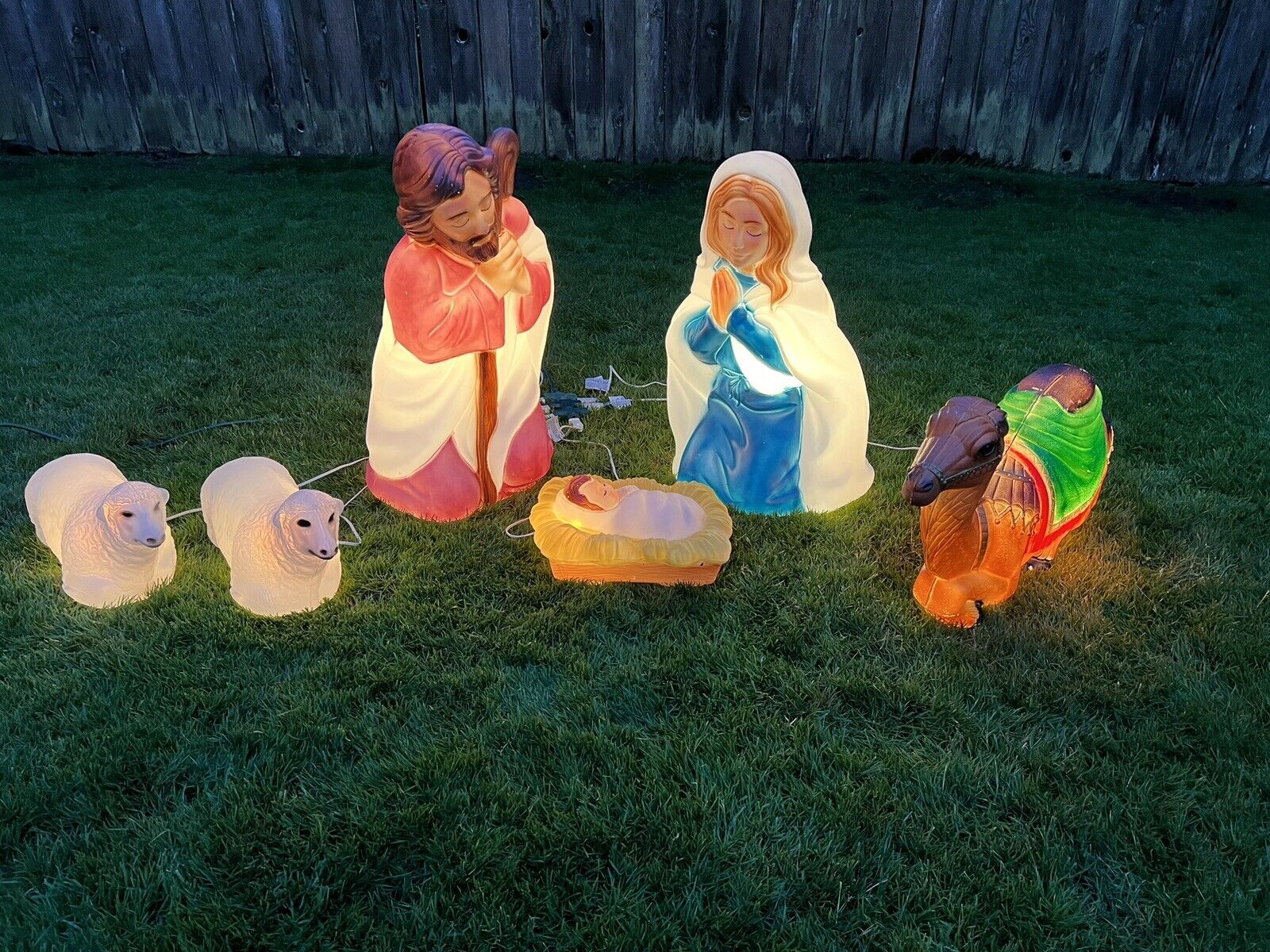Vintage Blow Mold Lighted Nativity Scene Jesus, Mary, Joseph, Camel And 2 Sheep