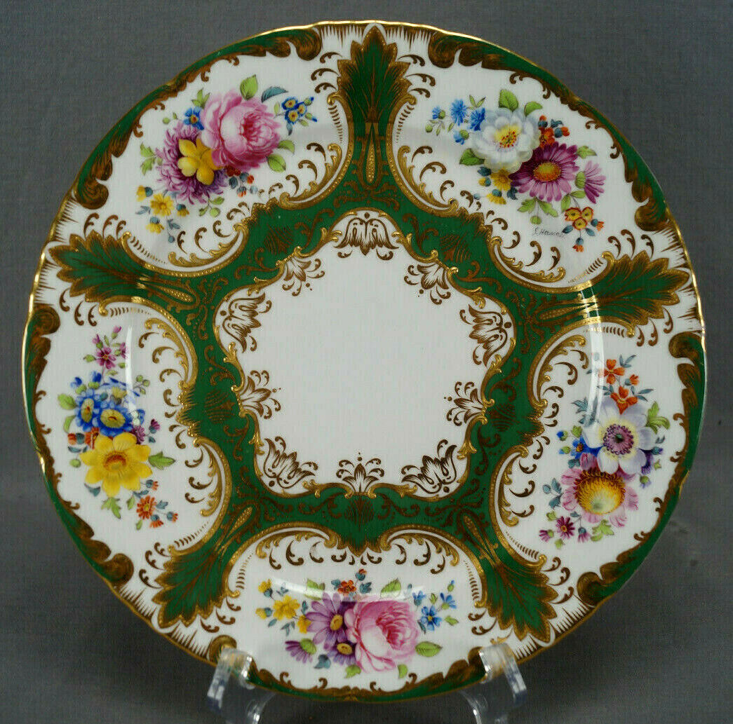 Wedgwood Hand Painted Floral Green & Gold Beaded 10 1/4 Inch Plate C. 1900 C