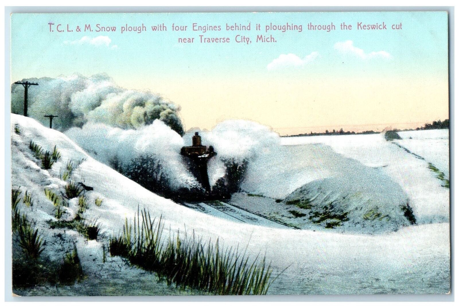 c1960s T.C.L. & M. Snow Plough With Four Engines Traverse City MI Train Postcard