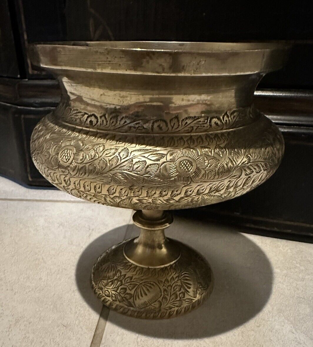 Intricately Carved Brass Urn 6.25” High From India