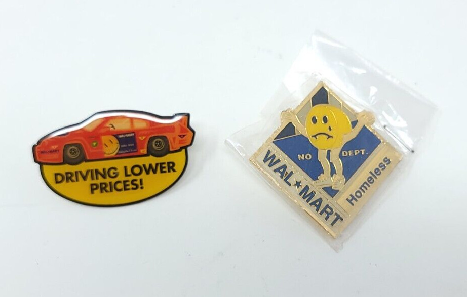 Vintage Wal-Mart Race Car and Homeless Employee Lapel Pins Walmart