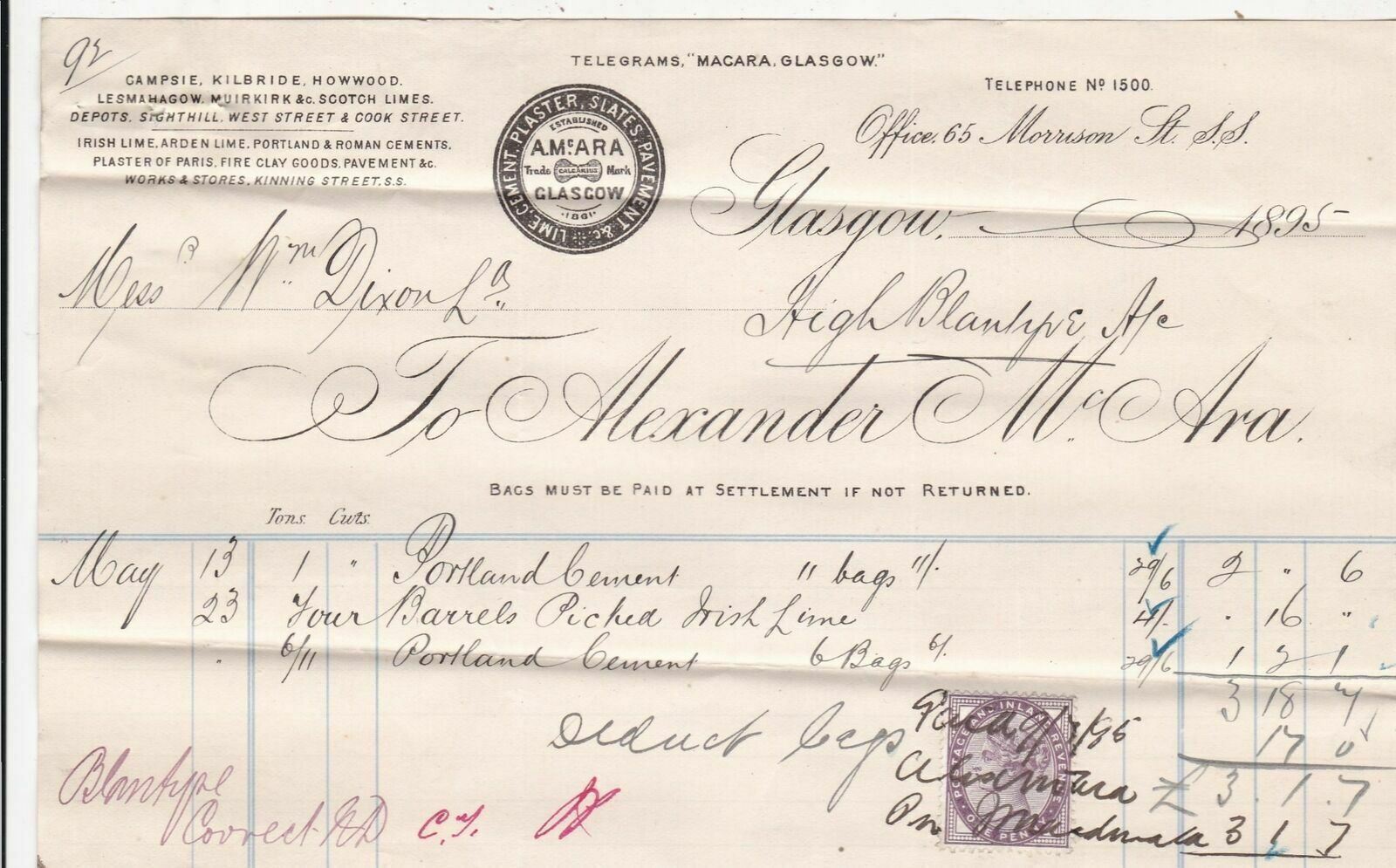 Alexander McAra Logo Morrison St Glasgow 1895 CementLime Etc Stamp Invoice 40968