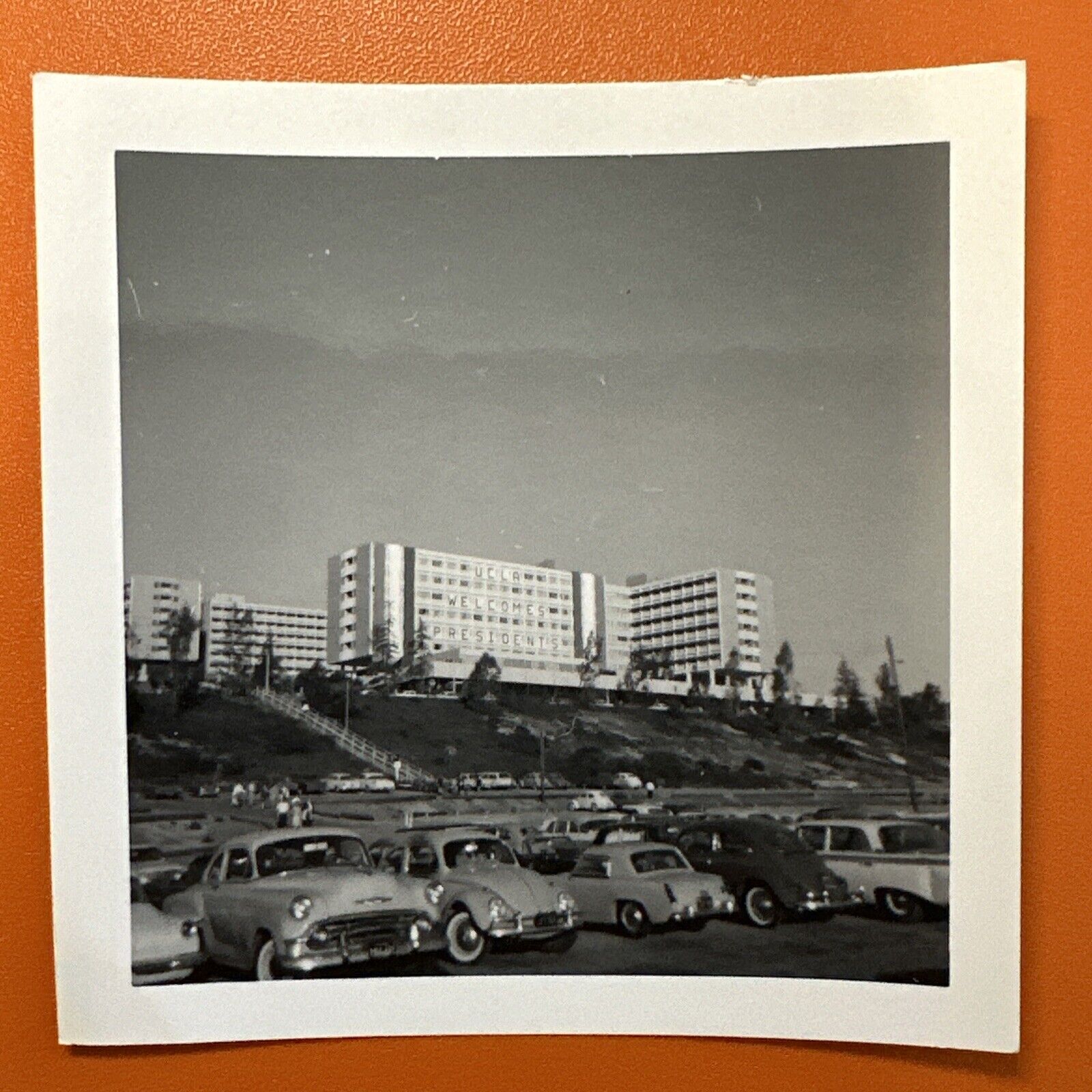 VINTAGE PHOTO 1950s UCLA WELCOMES PRESIDENTS campus parking lot Original