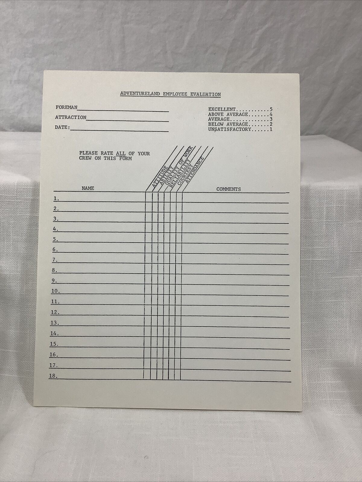 Disneyland Adventureland Employee Evaluation Sheet 1955 Era
