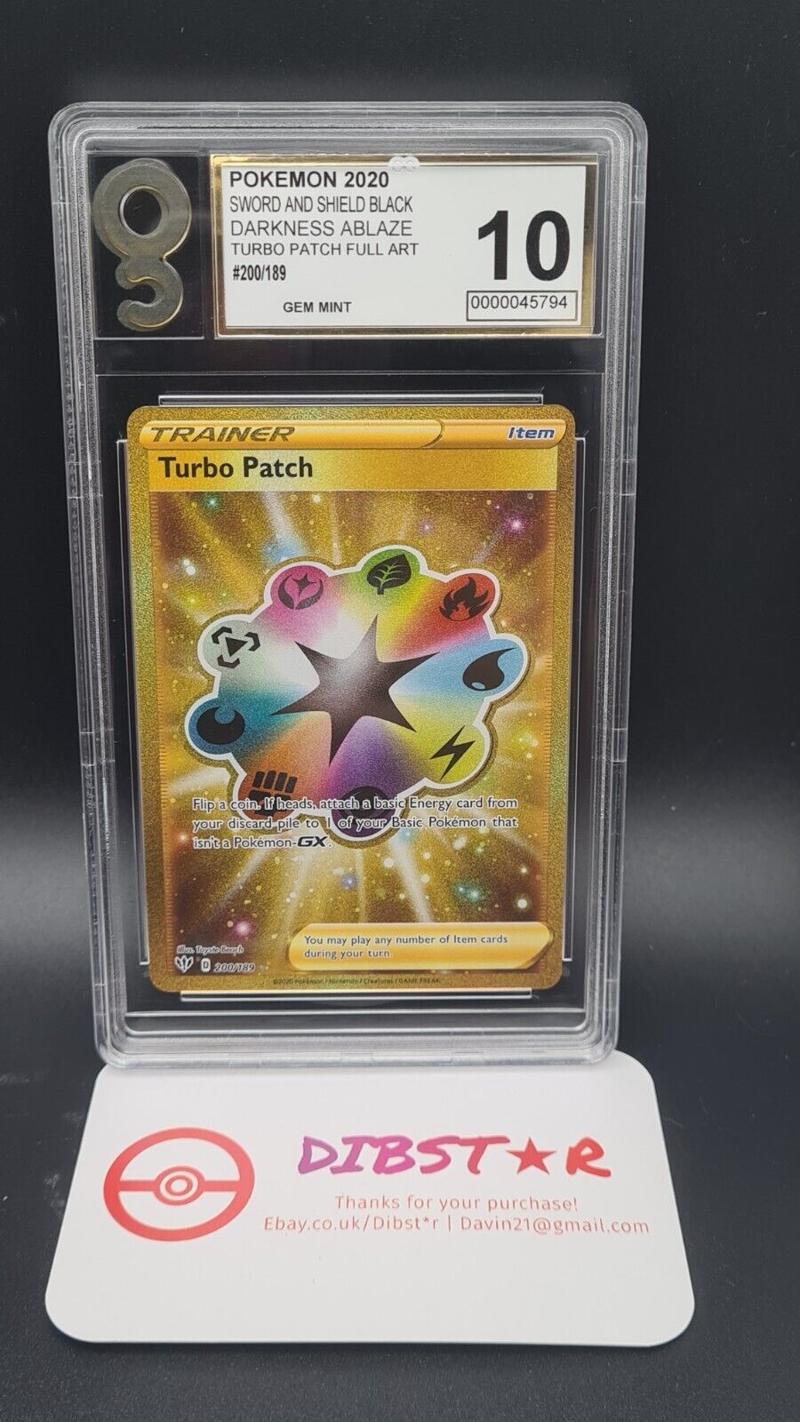 Pokemon Turbo Patch 200/189 Darkness Ablaze Hyper rare gold full art Grade 10