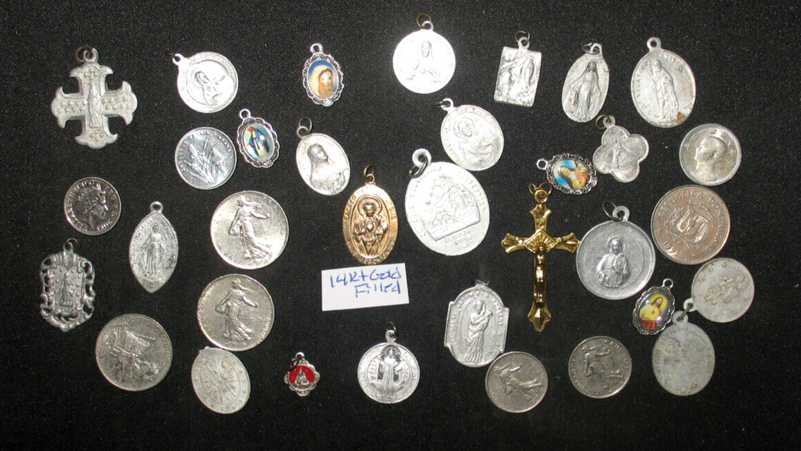⭐ Religious Medals, Foreign Coins, Saints, Jesus, 14KT Gold-filled Medal (49J)