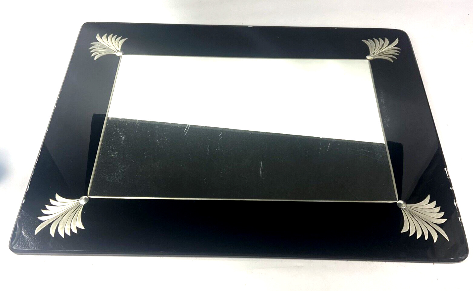 Vintage ART DECO Mirrored VANITY DRESSER TRAY Reverse painted Black and Silver