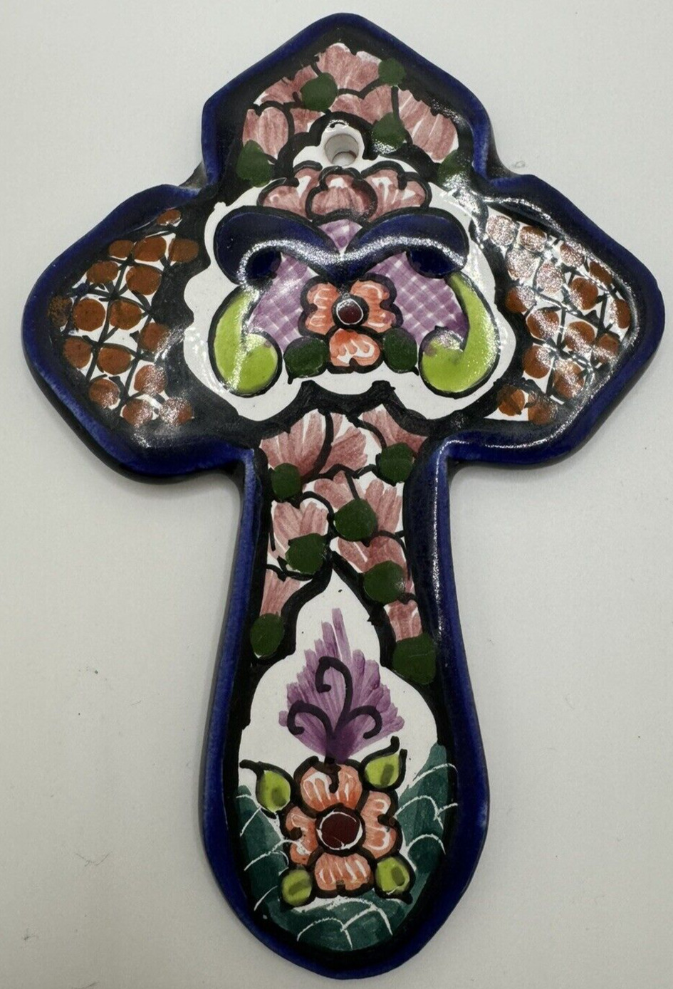 Talavera Ondas Mexican Pottery Wall Hanging Cross Handpainted 6 in Blue Red Clay