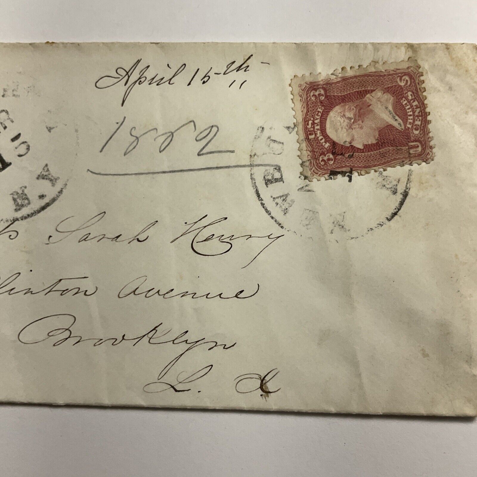 1862 Newburgh, New York Brooklyn, NY Antique Envelope 3c Stamp